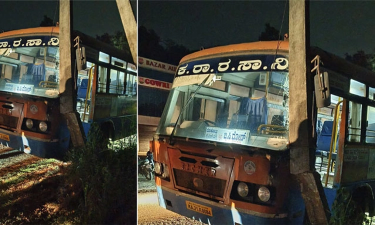 Bantwal ಕಂದೂರು: ವಿದ್ಯುತ್‌ ಕಂಬಕ್ಕೆ ಬಸ್‌ ಢಿಕ್ಕಿ