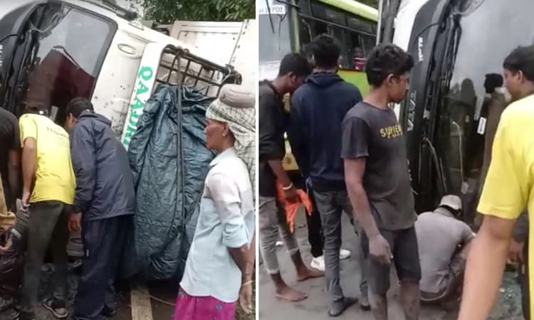 ಹಳಿಯಾಳ – ದಾಂಡೇಲಿ ರಸ್ತೆಯಲ್ಲಿ ಪಲ್ಟಿಯಾದ ಟ್ರಕ್… ಚಾಲಕ ಪವಾಡ ಸದೃಶ ಪಾರು