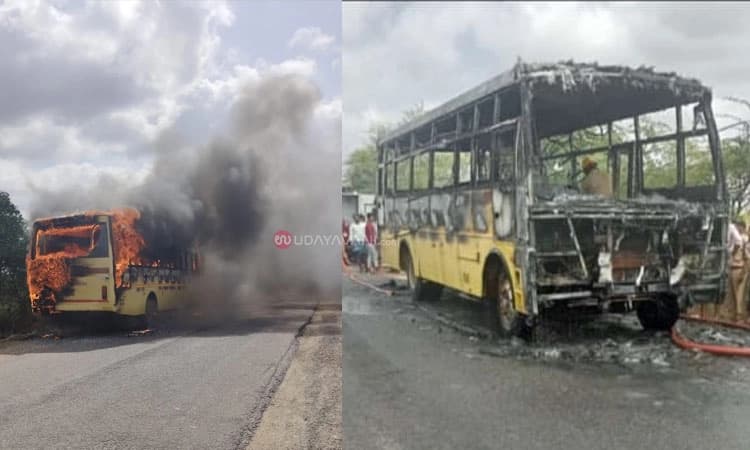 Hosapete: ಶಾಲಾ ಬಸ್ ಗೆ ಬೆಂಕಿ; ತಪ್ಪಿದ ಭಾರೀ ಅನಾಹುತ