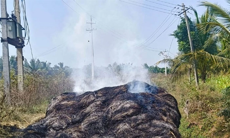 Hunsur: ಆಕಸ್ಮಿಕ ವಿದ್ಯುತ್‌ ತಂತಿ ತಗುಲಿ ಟ್ರ್ಯಾಕ್ಟರ್‌ನಲ್ಲಿದ್ದ ಹುಲ್ಲಿಗೆ ಬೆಂಕಿ 