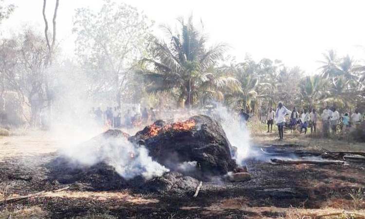 ಬೆಂಕಿ ತಗುಲಿ ರಾಗಿ ಬಣವೆ ಭಸ್ಮ: ರೈತನಿಗೆ ನಷ್ಟ