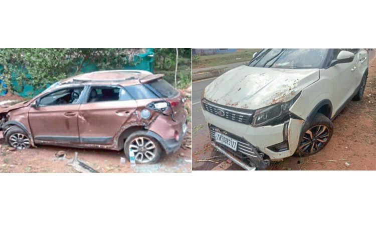 ಅವೈಜ್ಞಾನಿಕ ರಸ್ತೆಯಲ್ಲಿ ಮತ್ತೆ ಅವಘಡ; ಪೆರಂಪಳ್ಳಿ ತಿರುವಿನಲ್ಲಿ ಮಗುಚಿಬಿದ್ದ 2 ಕಾರು