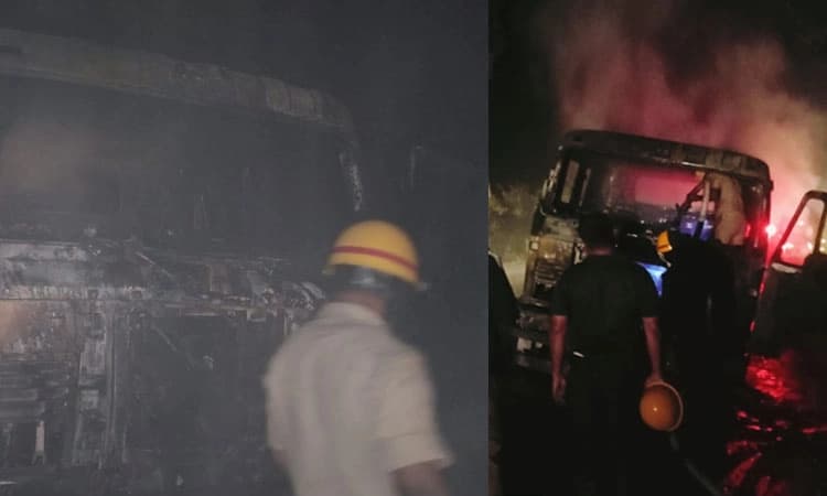 ಮಂಗಳೂರು ಕಡೆ ಬರುತ್ತಿದ್ದ ಲಾರಿಯಲ್ಲಿ ಏಕಾಏಕಿ ಬೆಂಕಿ; ಚಾಲಕ, ನಿರ್ವಾಹಕ ಪಾರು