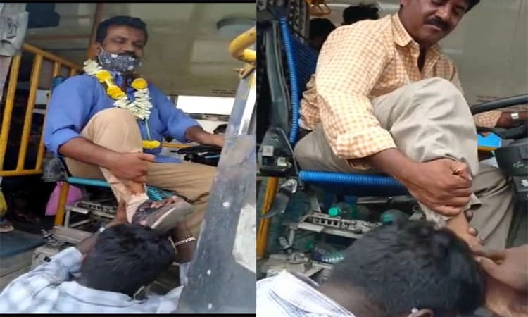 ಕರ್ತವ್ಯದಲ್ಲಿದ್ದ ಚಾಲಕರ ಪಾದವನ್ನು ತಮ್ಮ ತಲೆಯ ಮೇಲಿಟ್ಟು ಸಾರಿಗೆ ನೌಕರರ ವಿಶೇಷ ಪ್ರತಿಭಟನೆ