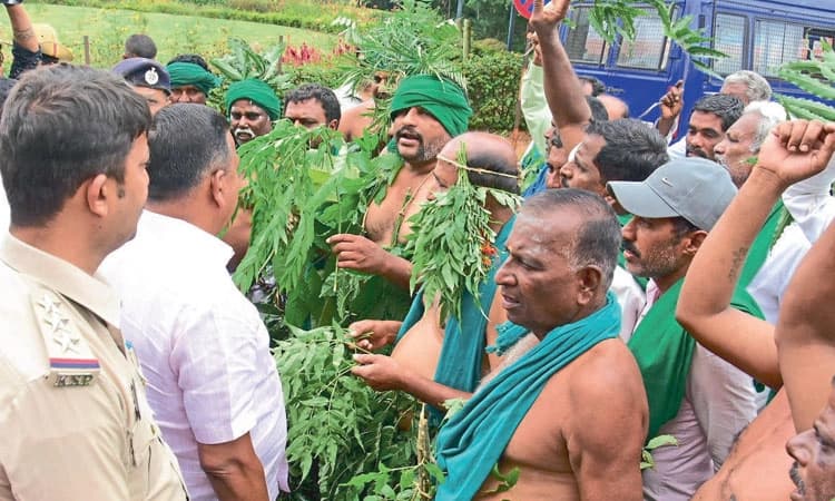 ಮೈಸೂರಲ್ಲಿ ಸೊಪ್ಪು ಕಟ್ಟಿಕೊಂಡು ರೈತರಿಂದ ಪ್ರತಿಭಟನೆ