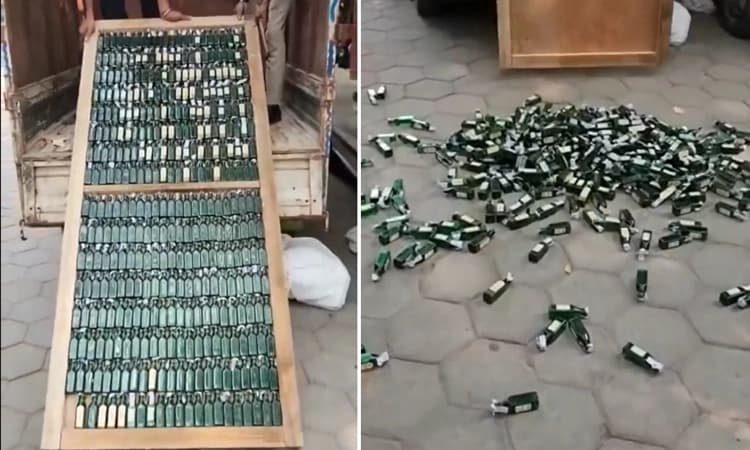 ಮರದ ಬಾಗಿಲಿನ ಒಳಗಿತ್ತು 2 ಸಾವಿರಕ್ಕೂ ಹೆಚ್ಚು ಮದ್ಯದ ಬಾಟಲಿಗಳು: ಸೊತ್ತು ಸಹಿತ ಇಬ್ಬರು ವಶ