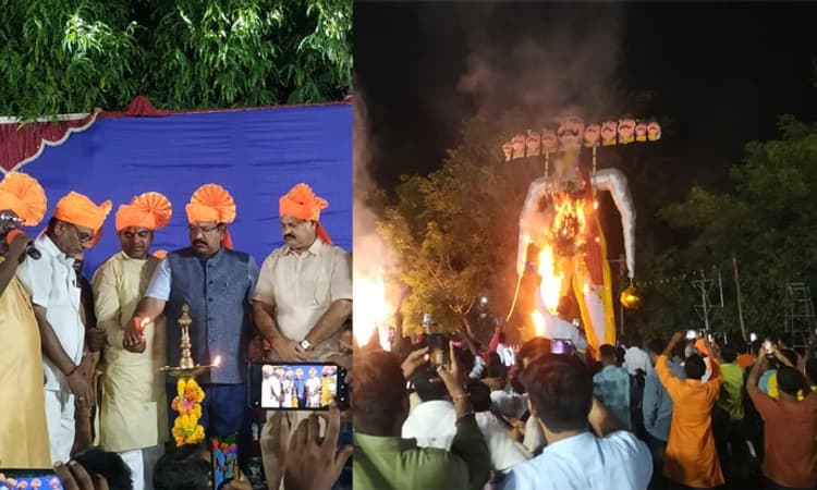 ವಾಡಿ: ದೇವಿಯ ಮುಂದೆ ಬೃಹತ್ ರಾವಣ ಪ್ರತಿಕೃತಿ ದಹನ