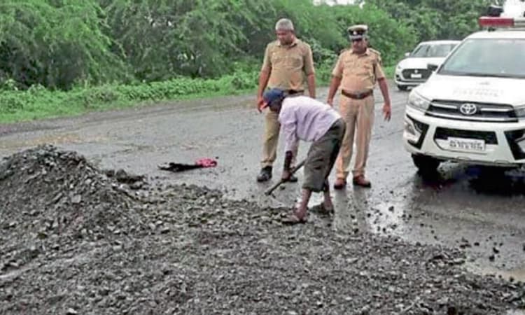 ರಸ್ತೆ ಗುಂಡಿ ಮುಚ್ಚಿಸಿದ ಹೆದ್ದಾರಿ ಗಸ್ತು ಸಿಬ್ಬಂದಿ
