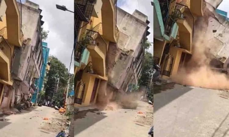 ಬೆಂಗಳೂರು: ಕುಸಿದುಬಿತ್ತು ಮೂರಂತಸ್ತಿನ ಮನೆ, ತಪ್ಪಿದ ಭಾರೀ ಅನಾಹುತ