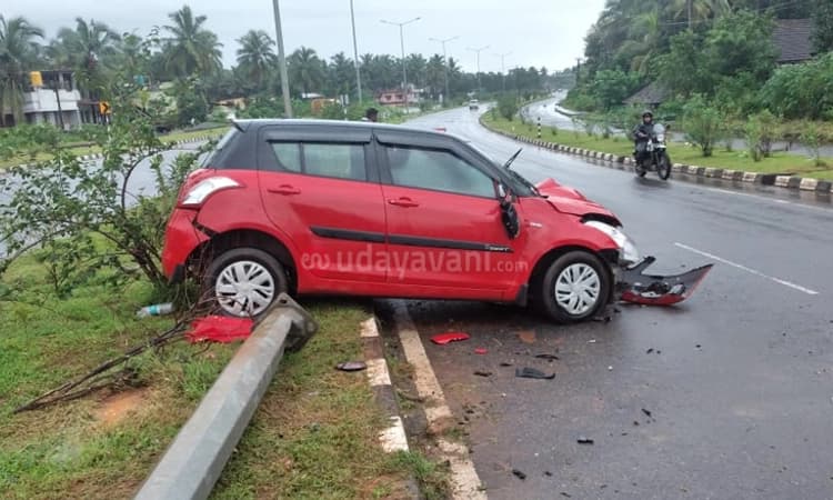 ಕಟಪಾಡಿ :ಚಾಲಕನ ನಿಯಂತ್ರಣ ತಪ್ಪಿ ಹೆದ್ದಾರಿ ಮಧ್ಯೆ ಡಿವೈಡರ್ ಏರಿದ ಕಾರು