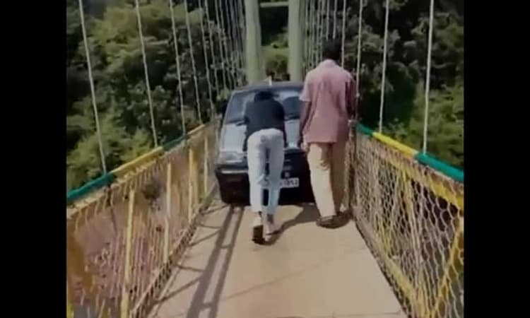 Yellapura: Maha tourists drive car on hanging bridge; confronted by locals