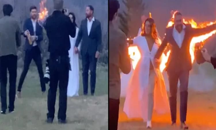 Bride and groom set themselves on fire in wedding exit stunt