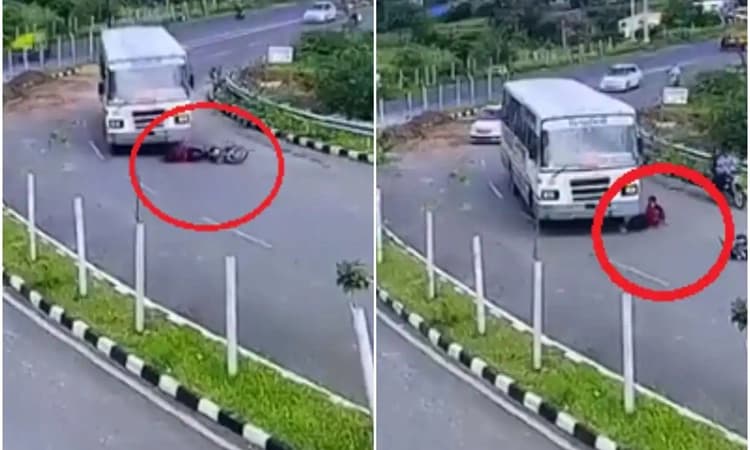 Biker miraculously escapes unhurt after getting trapped under bus, Watch video
