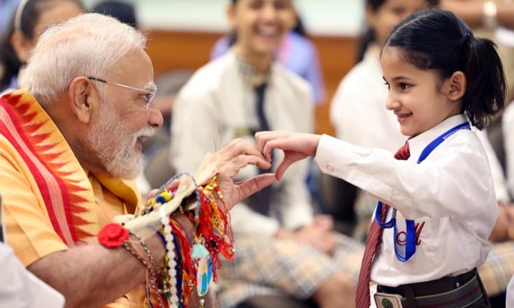 PM Modi celebrates Raksha Bandhan with school kids, Brahma Kumari members