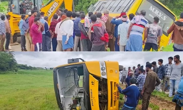 School bus overturns in Gudibande, children escape with minor injuries