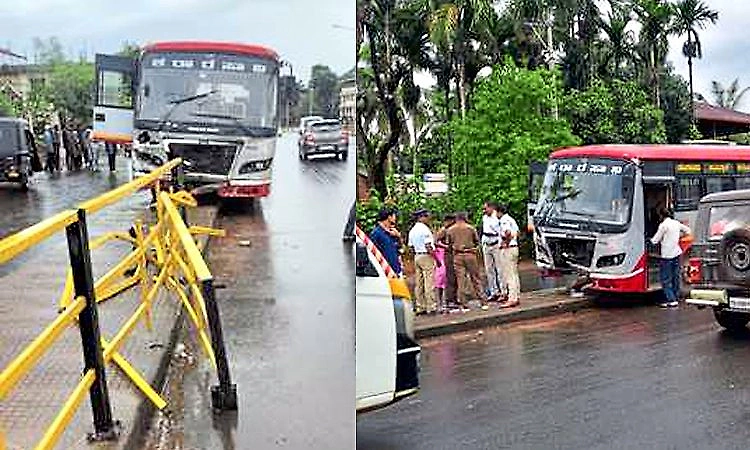 KSRTC bus mounts divider after veering off road