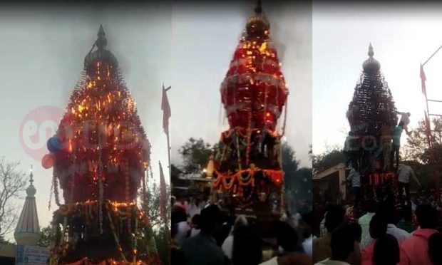 ರಾಮದುರ್ಗ: ರಥೋತ್ಸವ ವೇಳೆ ಸಿಡಿದ ಪಟಾಕಿ; ಕಿಡಿ ತಾಗಿ ರಥಕ್ಕೆ ಹೊತ್ತಿಕೊಂಡ ಬೆಂಕಿ