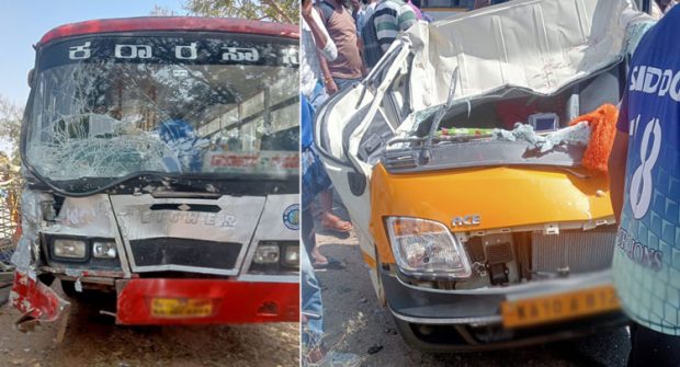 Road Mishap; ಟಾಟಾಏಸ್ -ಕೆಎಸ್‌ಆರ್‌ಟಿಸಿ ಬಸ್ ನಡುವೆ ಅಪಘಾತ: ಓರ್ವ ಸಾವು