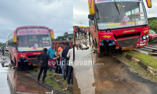 Kapu ಡಿವೈಡರ್‌ ಮೇಲೇರಿದ ಎಕ್ಸ್‌ಪ್ರೆಸ್‌ ಬಸ್‌; ಪ್ರಯಾಣಿಕರು ಪಾರು