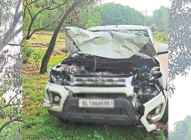 ರಸ್ತೆಯಲ್ಲಿ ಓಡಿದ ಕಾಡುಕೋಣ ಢಿಕ್ಕಿಯಾಗಿ ಪೊಲೀಸ್‌ ಅಧಿಕಾರಿಯಿದ್ದ ಕಾರಿಗೆ ಹಾನಿ