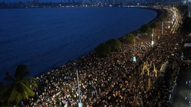Crowd gathered to greet the T20 World Champions Team India, at Marine Drive on July 4, 2024.