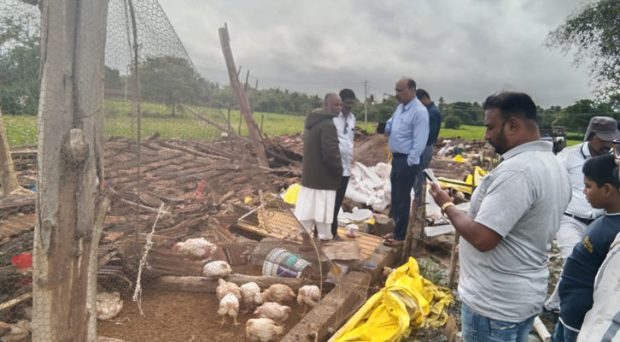 ಮಳೆಯಿಂದ ಕುಸಿದು ಬಿದ್ದ ಕೋಳಿ ಫಾರಂ; ಸಾವಿರಾರು ಕೋಳಿಗಳ ಸಾವು